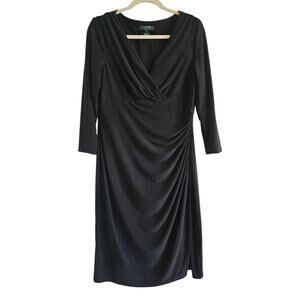 Lauren Ralph Lauren Dress Womens 14 Black Faux Wrap Stretch Shirring V-Neck